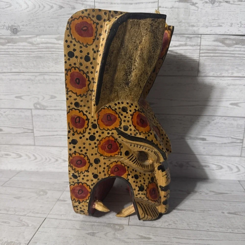 Hand Carved Wooden Jaguar Mask Tribal Painted Folk Art Wall Decor Safari Jungle
